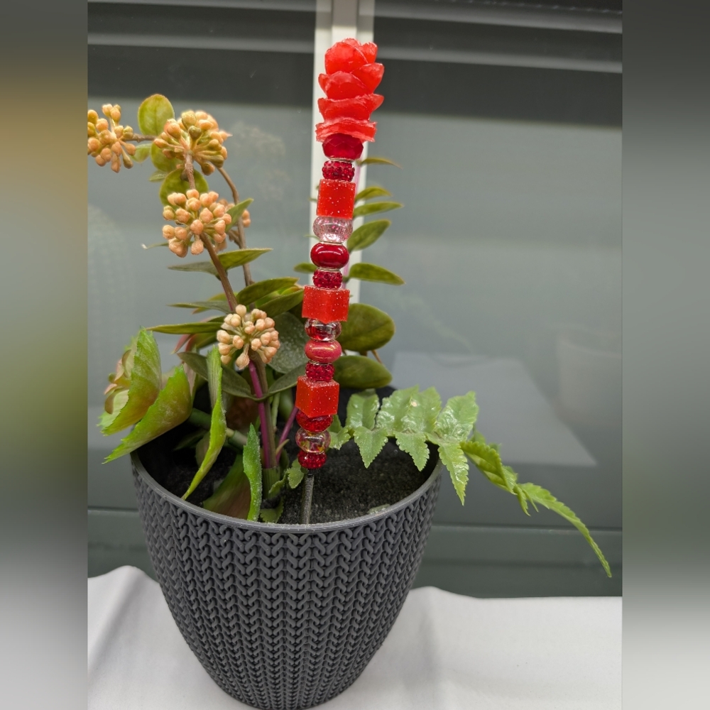 Red Beaded Fairy Wand/Plant/Garden Stake W/ Red Resin Succulent/Rose Topper